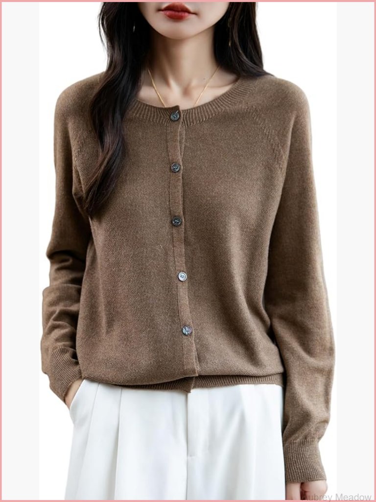 Seamless Cardigan Merino Wool Blend Crew Neck Long Sleeve